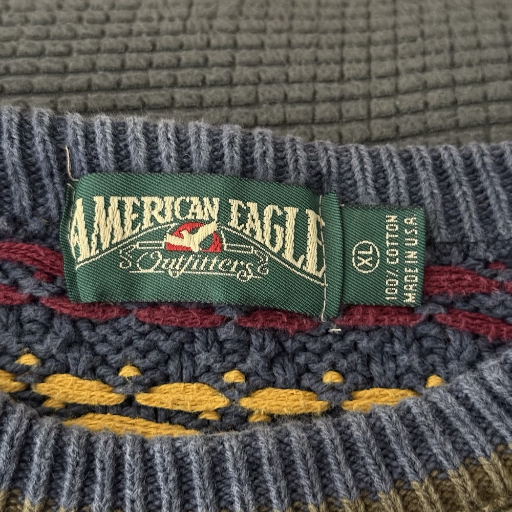 Vintage American Eagle Knit Sweater Mens XL Blue Fair Isle Pattern Crewneck - Picture 6 of 6